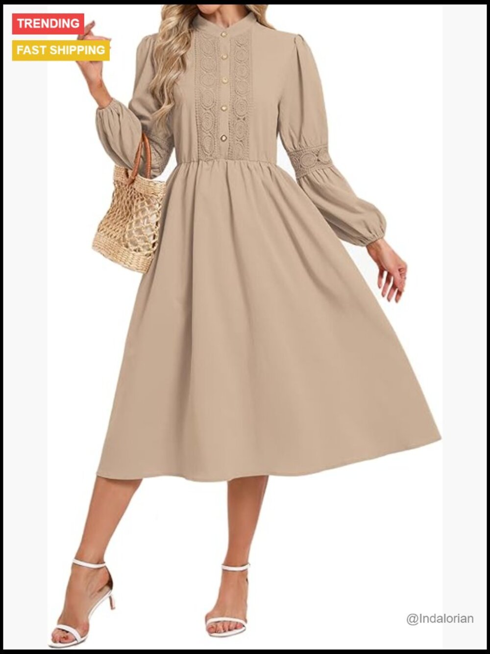 Long Sleeve A Line Midi Dress with Puff Sleeves and Elastic Waist